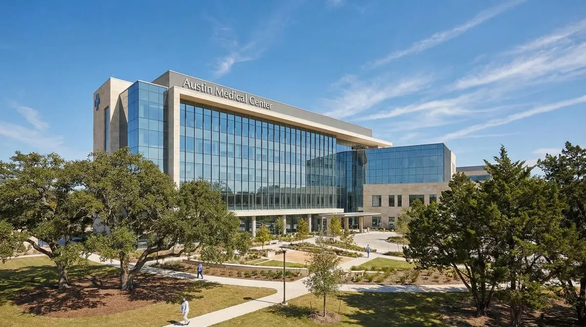 Aerial view of Austin Texas showing Dell Seton Medical Center and Dell Children's Medical Center campus near the University of Texas, with the Austin skyline and Capitol building visible