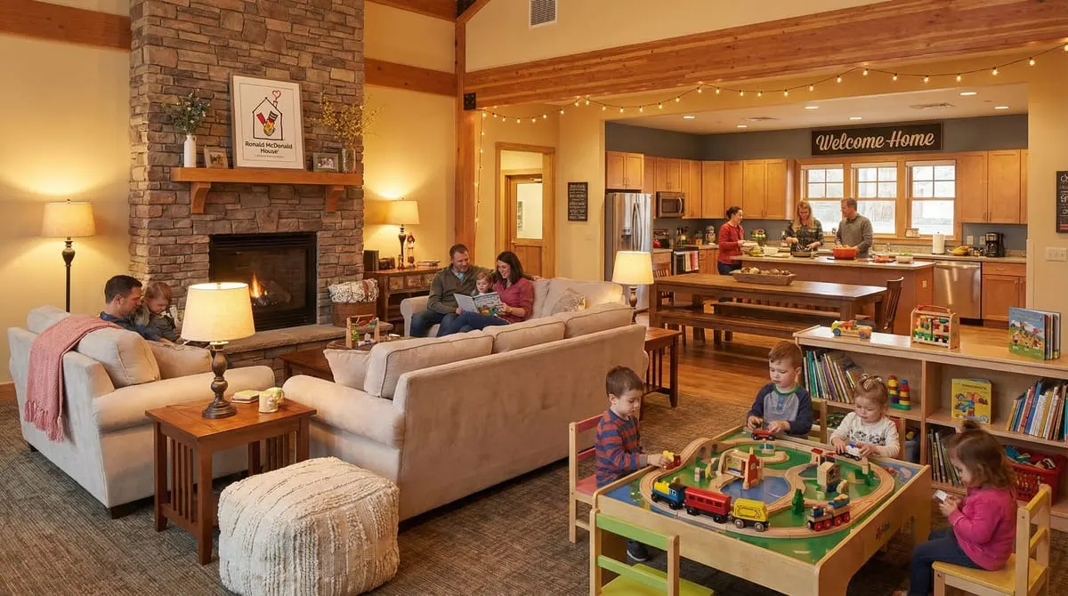 Warm common area inside the Ronald McDonald House of Central Texas in Austin with comfortable sofas, a family kitchen, and children's artwork on the walls