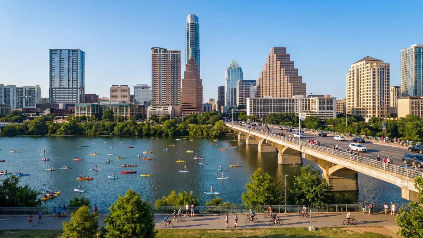 Paddleboarders and runners enjoying Lady Bird Lake with Austin skyline and Congress Avenue bridge