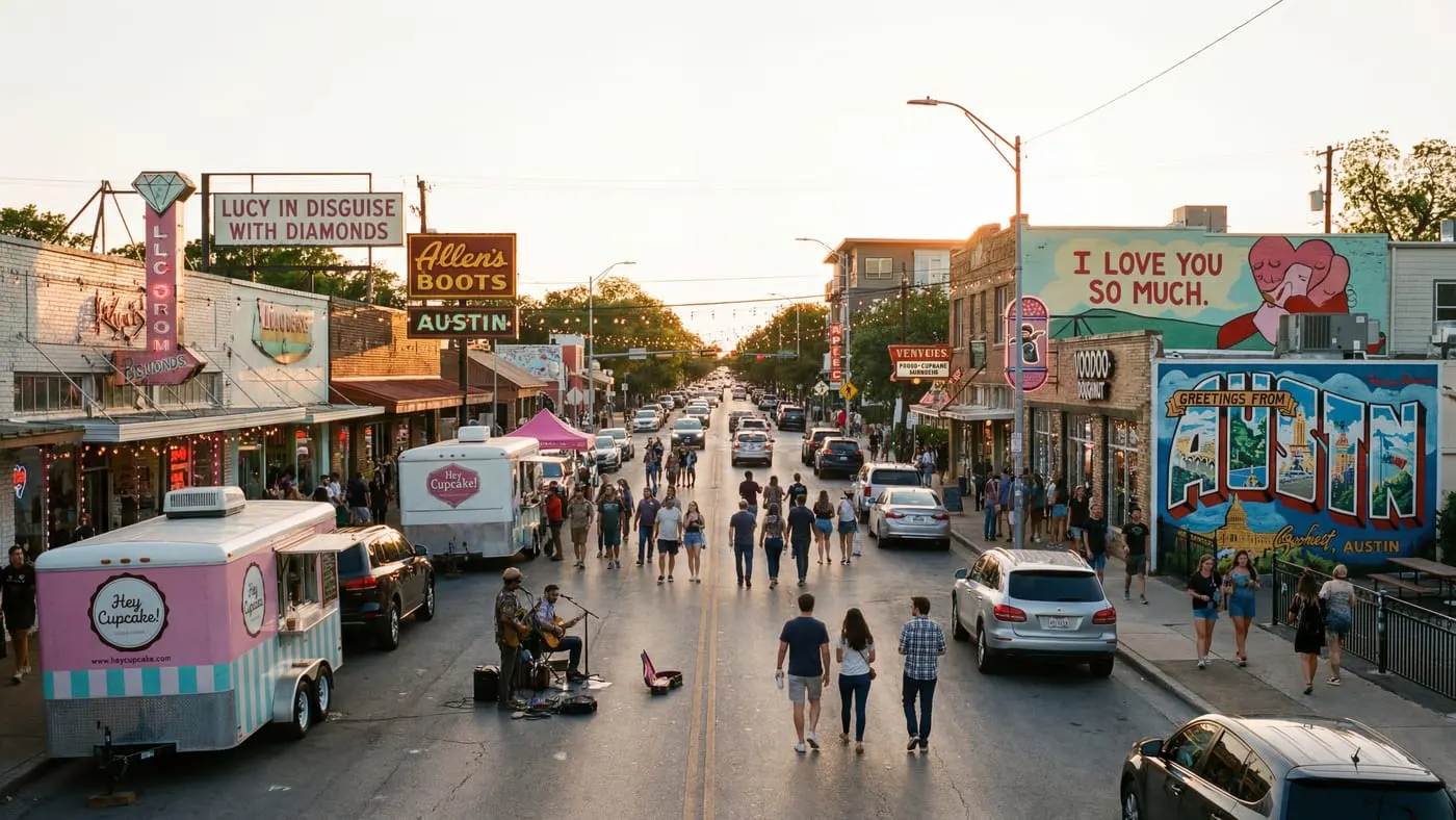 Eclectic shops and food trailers along South Congress Avenue in Austin Texas at sunset