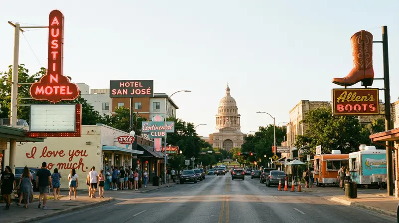 South Congress Austin SoCo district with Capitol dome view, vintage shops, and iconic Austin Motel sign