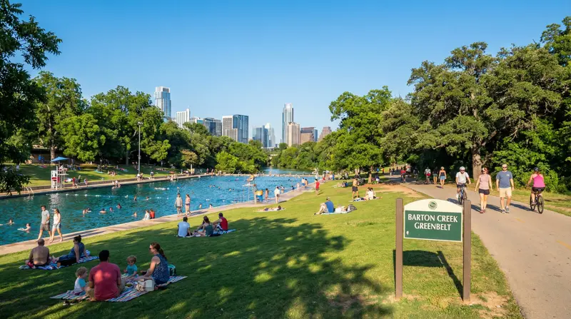 Zilker Austin Barton Springs Pool with swimmers, Greenbelt trail, and downtown skyline in background