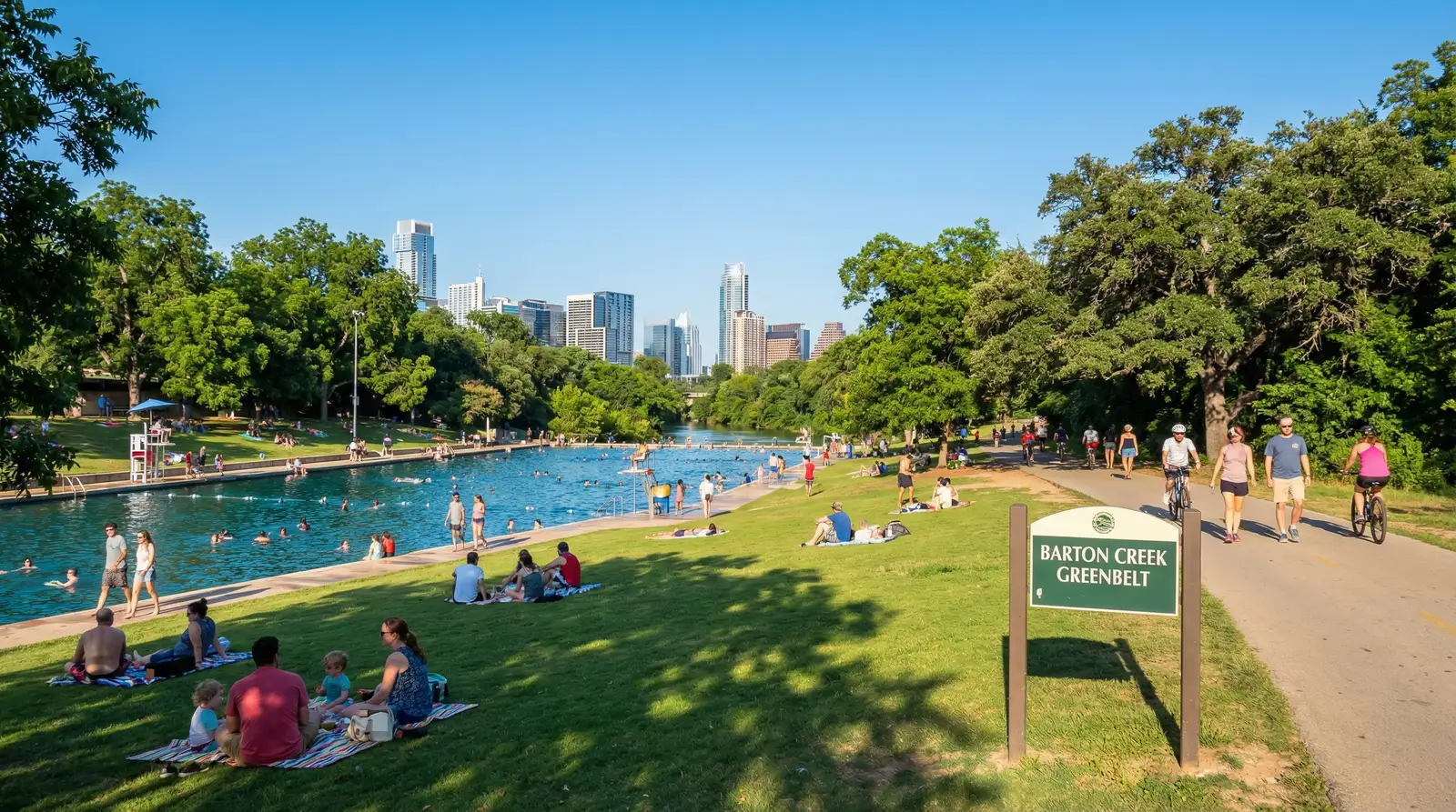 Zilker Austin Barton Springs Pool with swimmers, Greenbelt trail, and downtown skyline in background