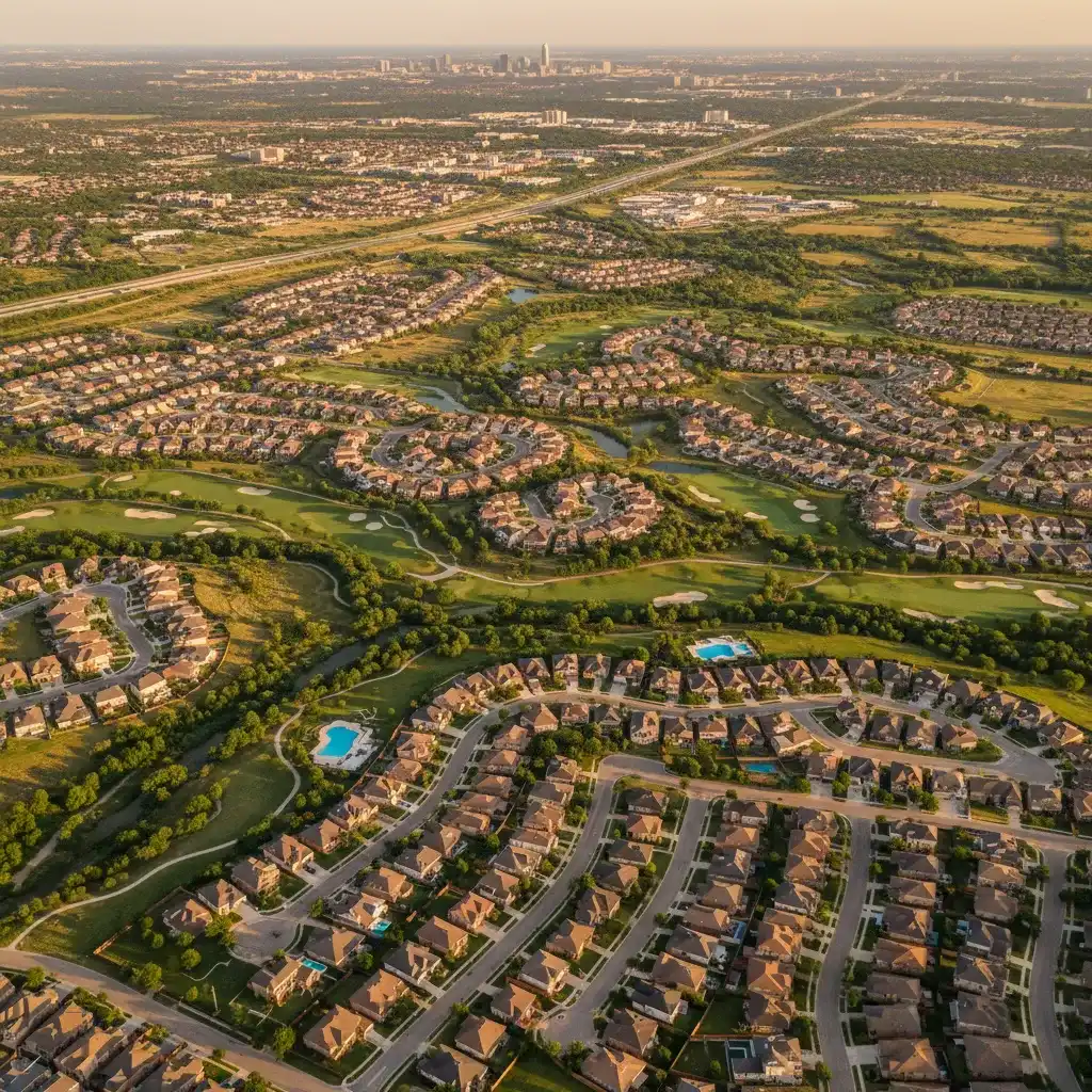 Overview of suburbs near Austin Texas showing diverse suburban communities