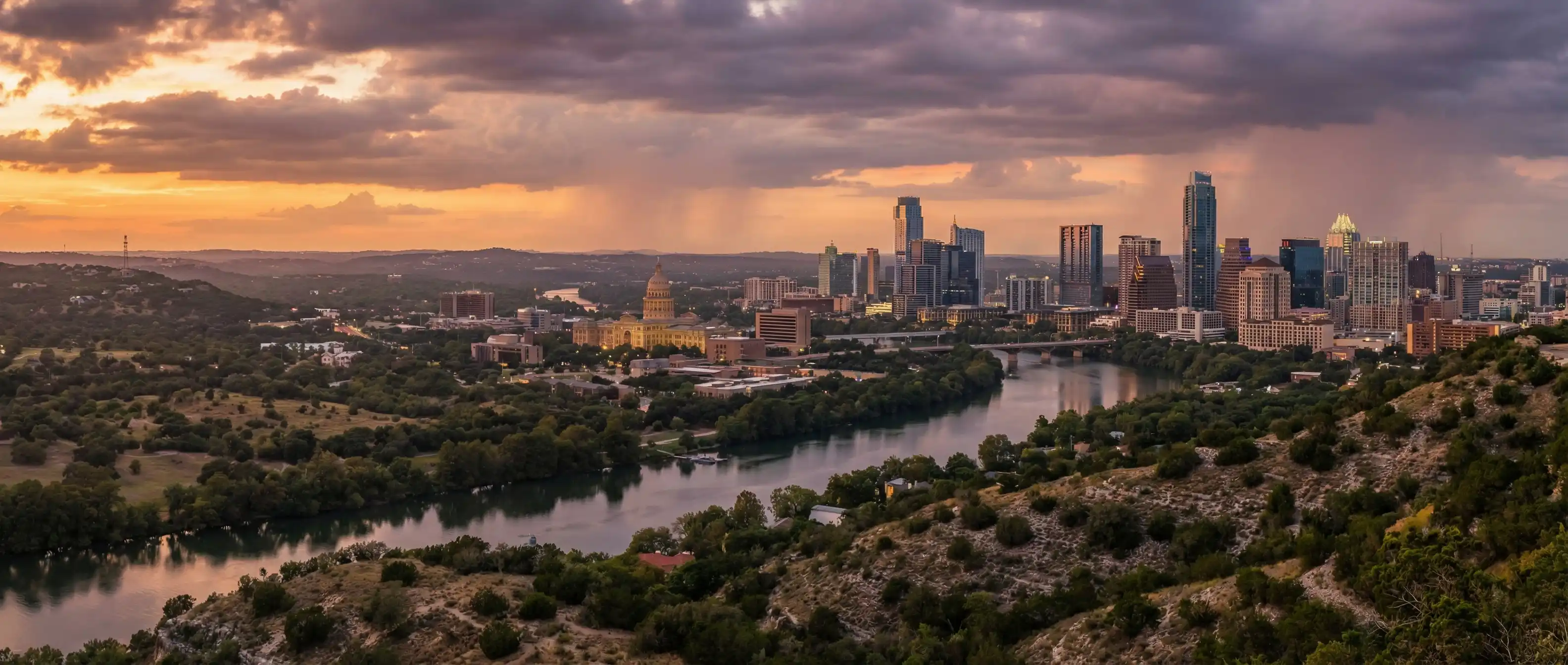 Austin Texas skyline with Hill Country weather and dramatic sky