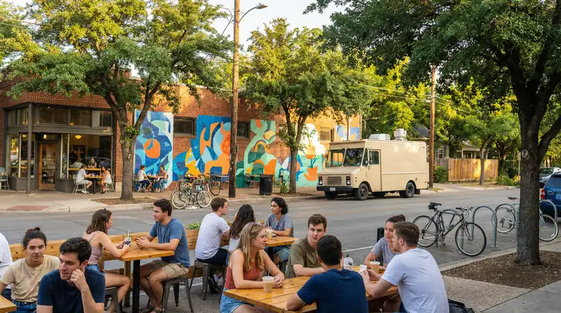 East Austin street scene with outdoor cafe seating, colorful murals, and young professionals