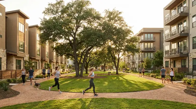 Mueller neighborhood walkable green space with modern townhomes and residents jogging in Austin