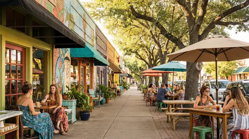 Independent shops and outdoor cafes line the streets of Dallas Bishop Arts District