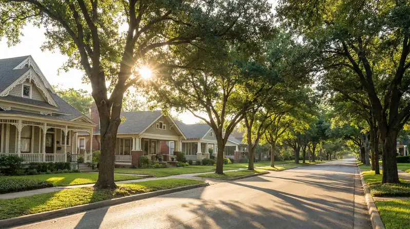 Tree-lined residential street with Victorian homes in Old East Dallas