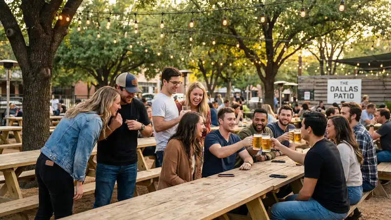 Group of young adults socializing at an outdoor patio restaurant in Dallas with string lights and a casual atmosphere