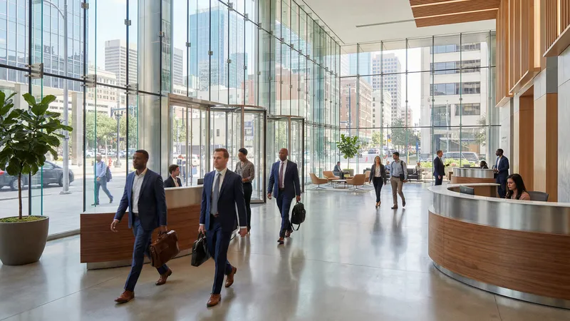Modern office building lobby in Dallas with professionals walking through glass-walled corporate workplace