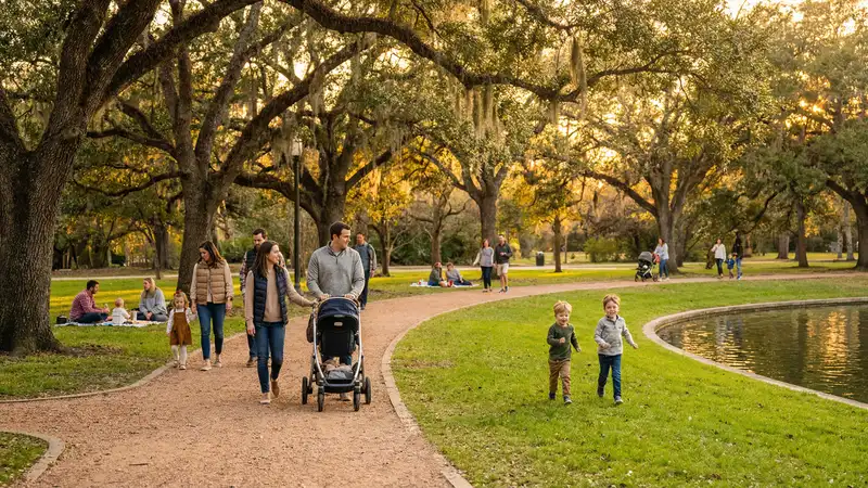 Families enjoying green space and trails near Houston Museum District and Hermann Park