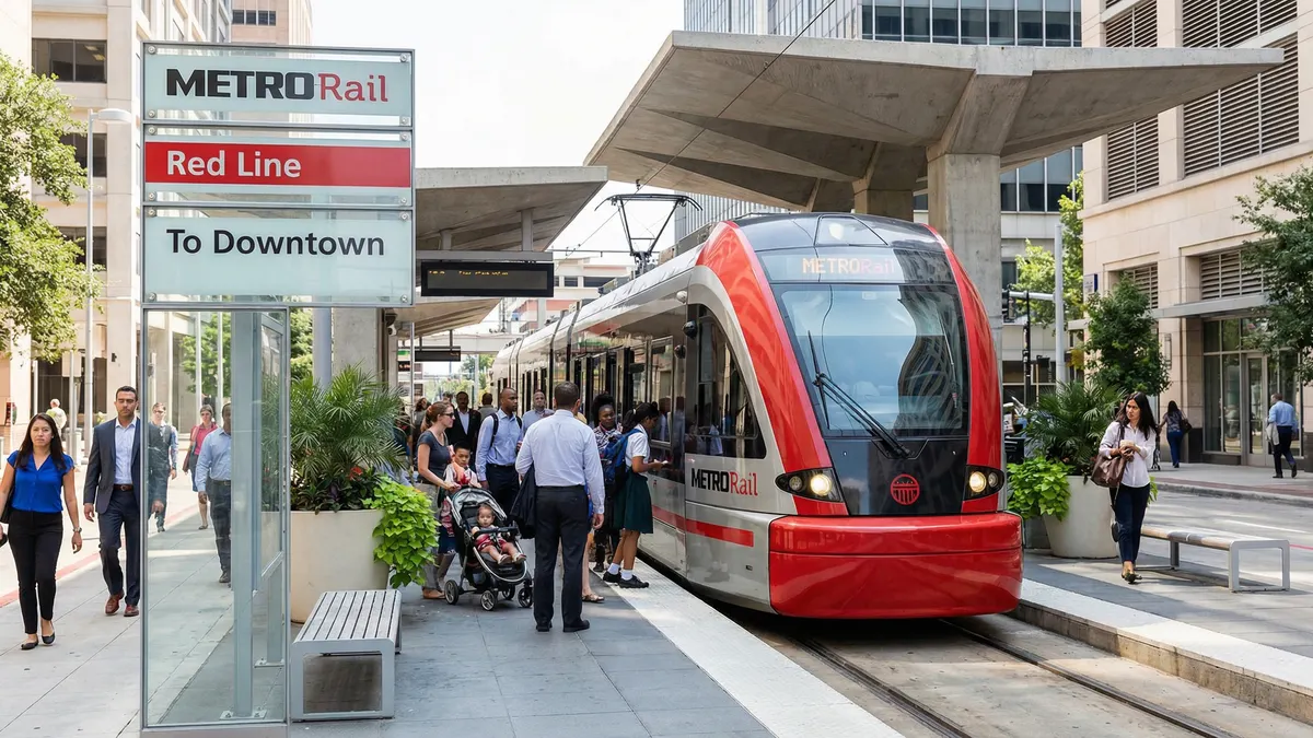 Houston METRORail Red Line platform with passengers boarding a train