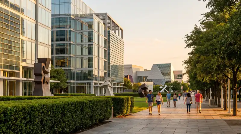 Dallas Arts District with modern architecture and Nasher Sculpture Center garden