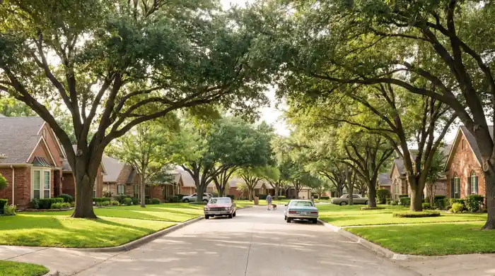 Tree-lined suburban street in a Dallas-Fort Worth neighborhood with single-family homes