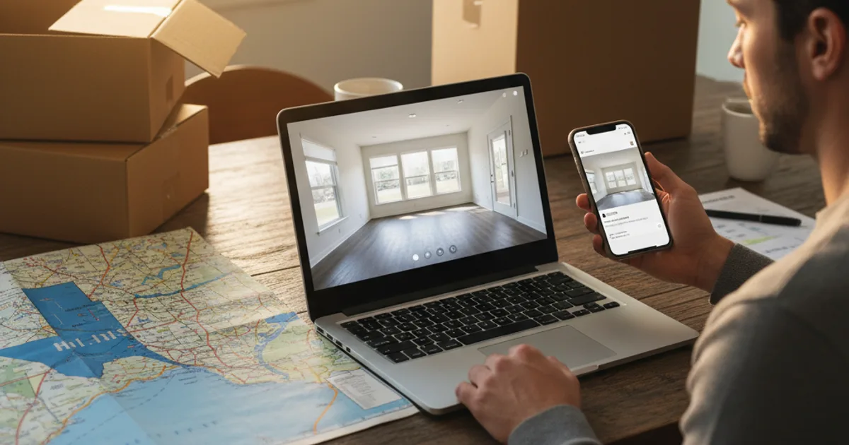 Renter taking a live video apartment tour on the laptop beside a Texas map, planning to rent sight unseen