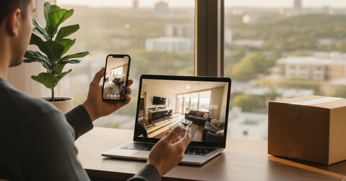 Renter taking a live video apartment tour on the laptop, Austin skyline and hills beyond the window, renting sight unseen
