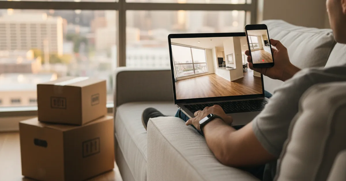 Renter taking a live video apartment tour on the laptop, Dallas-Fort Worth skyline beyond the window, renting sight unseen