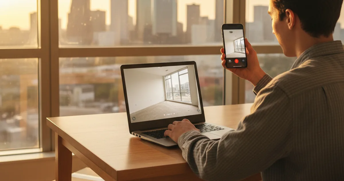 Renter taking a live video apartment tour on the laptop, Houston skyline beyond the window, renting sight unseen