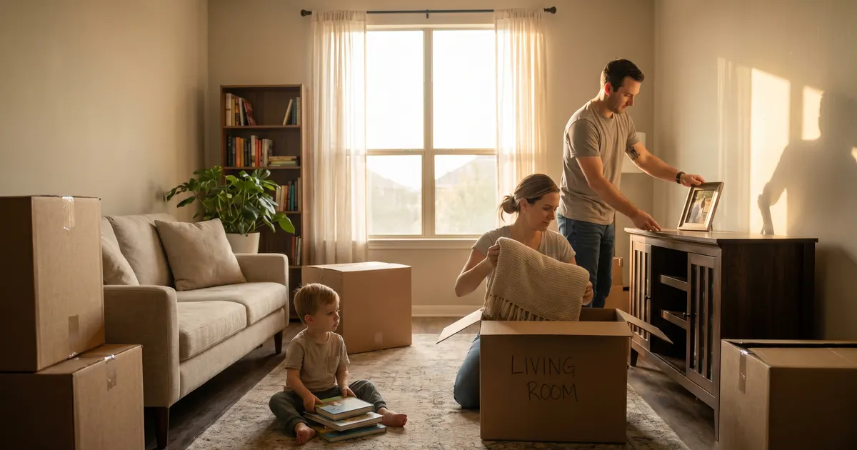 Where to live between homes in Texas: a family amid moving boxes in a furnished apartment during the gap between selling and buying a house