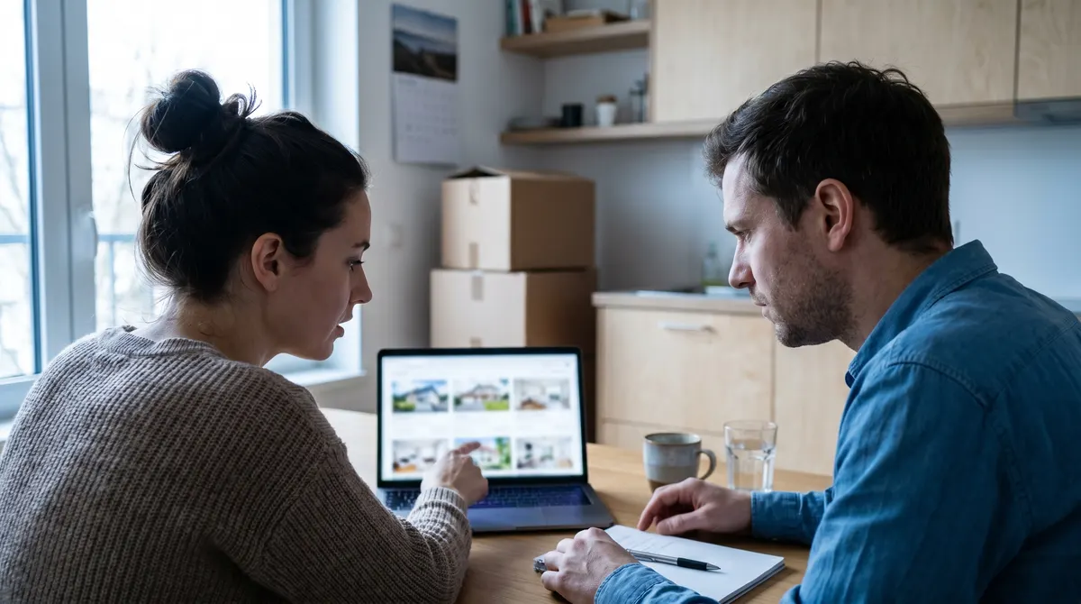 A couple weighing where to live between selling and buying a Texas home, reviewing options with a calendar and moving boxes