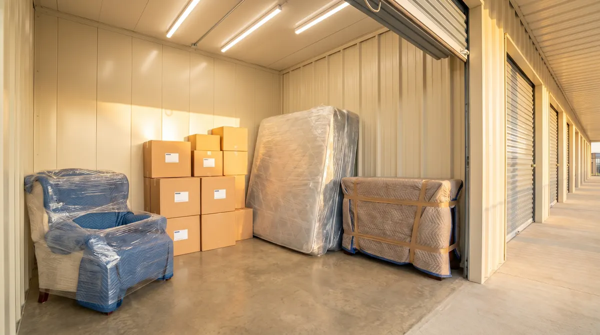 Climate-controlled storage unit holding wrapped furniture and boxes during a Texas move between homes