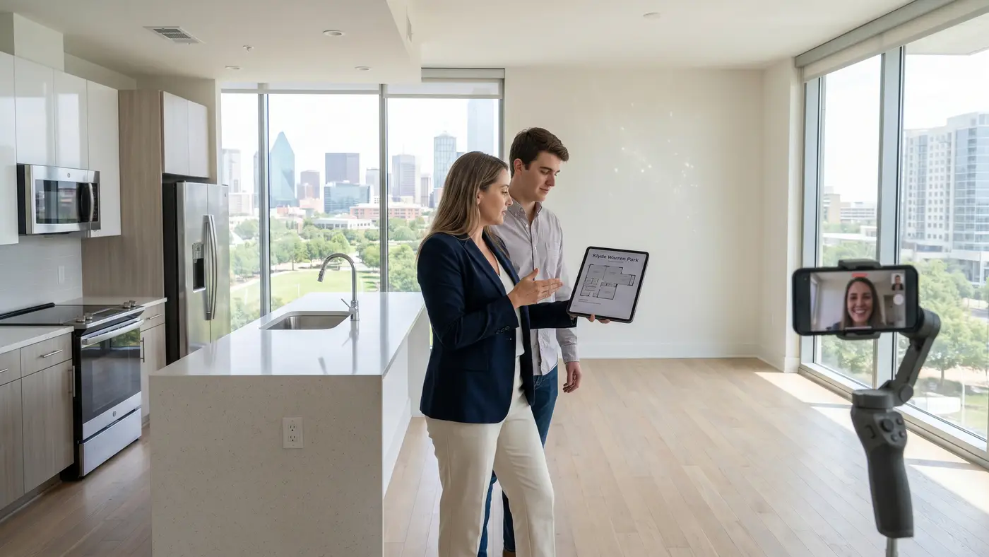 A Dallas apartment locator showing a floor plan on a tablet during an in-person tour of a modern Uptown high-rise kitchen while a second renter joins virtually via FaceTime — Dallas apartment locator tour concierge services: in-person, virtual, and text-first formats for renters