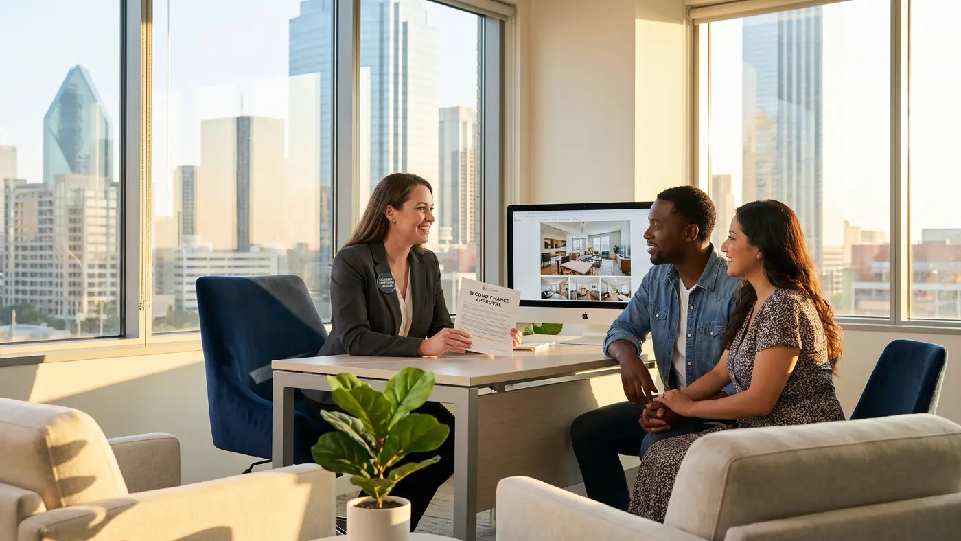 A licensed Dallas apartment locator reviewing a second-chance approval letter with a hopeful diverse couple in a downtown Dallas office — second-chance apartment locators help renters with broken leases, evictions, and credit challenges find approved housing