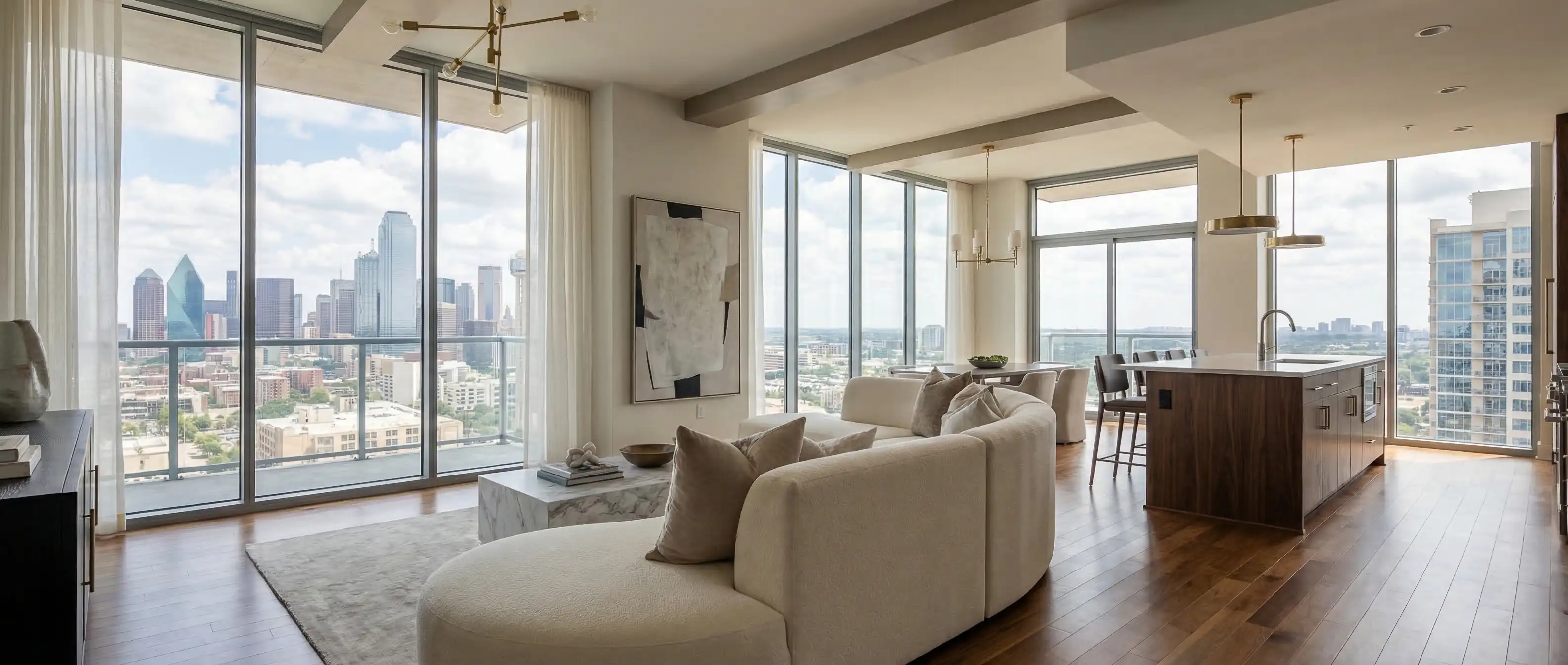 Luxury apartment interior in Uptown Dallas with skyline views
