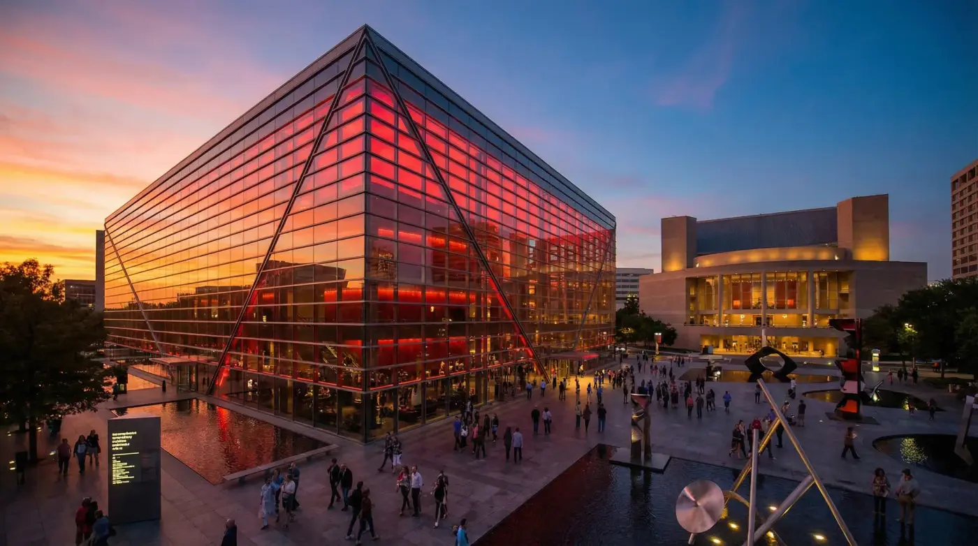 Dallas Arts District at dusk — Winspear Opera House illuminated red glass facade with sculptural plaza and crowds, largest urban arts district in the United States