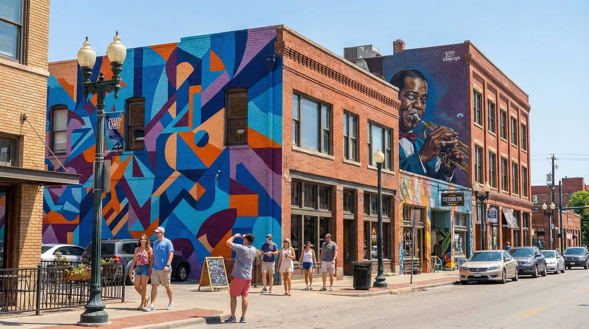 Deep Ellum Dallas street art murals — massive colorful murals covering brick building walls on Commerce Street, outdoor urban gallery with pedestrians and Texas sunshine