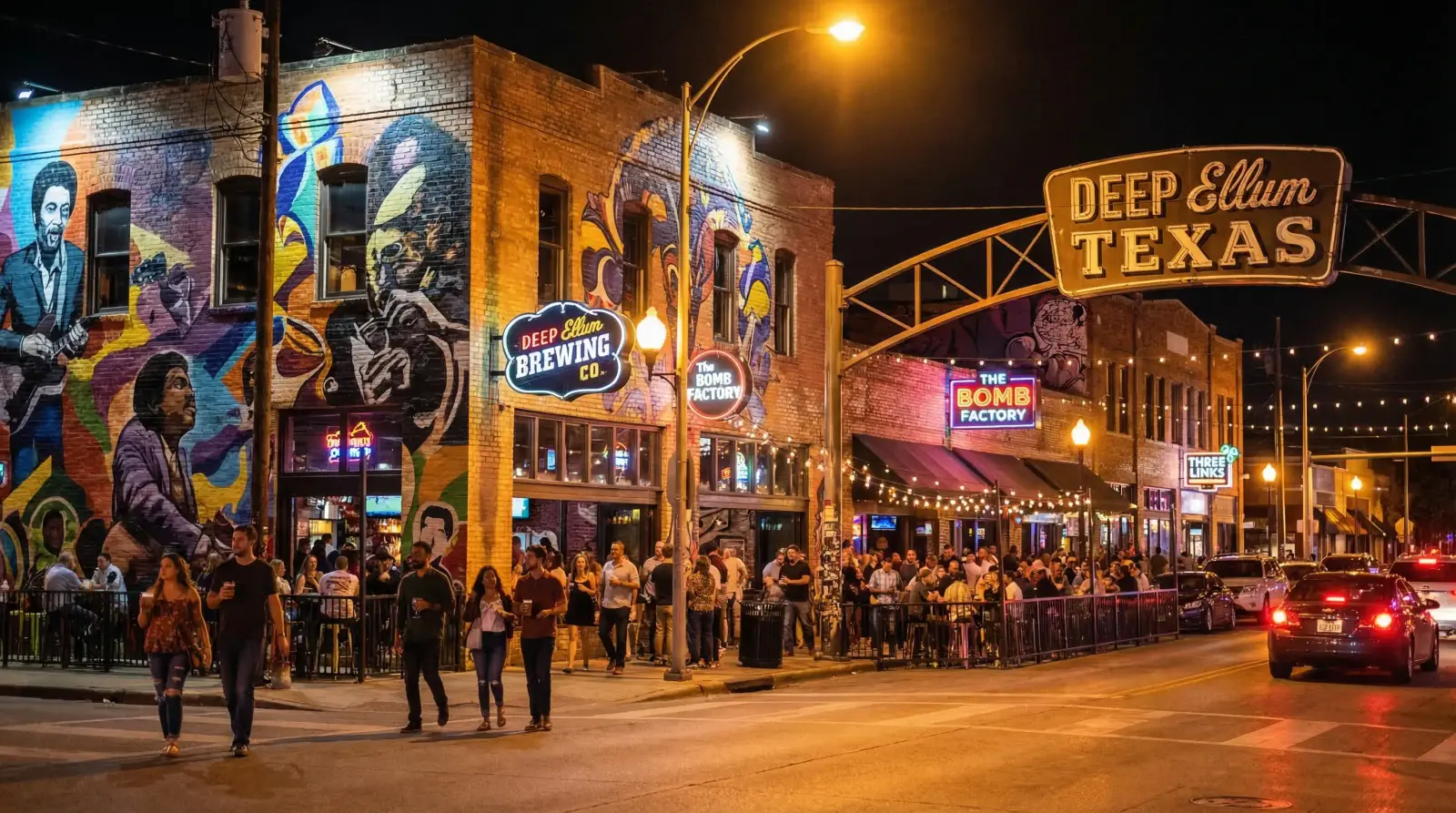 Deep Ellum Dallas at night — vibrant murals, neon signs, outdoor bars and restaurants along the entertainment district street