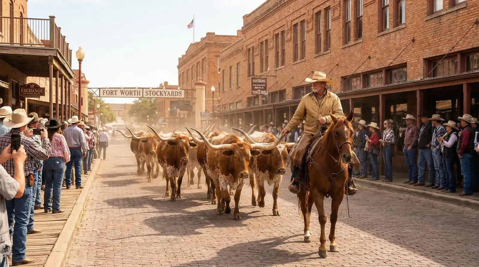 Fort Worth Stockyards Texas Longhorn cattle drive with cowboy on horseback and spectators watching