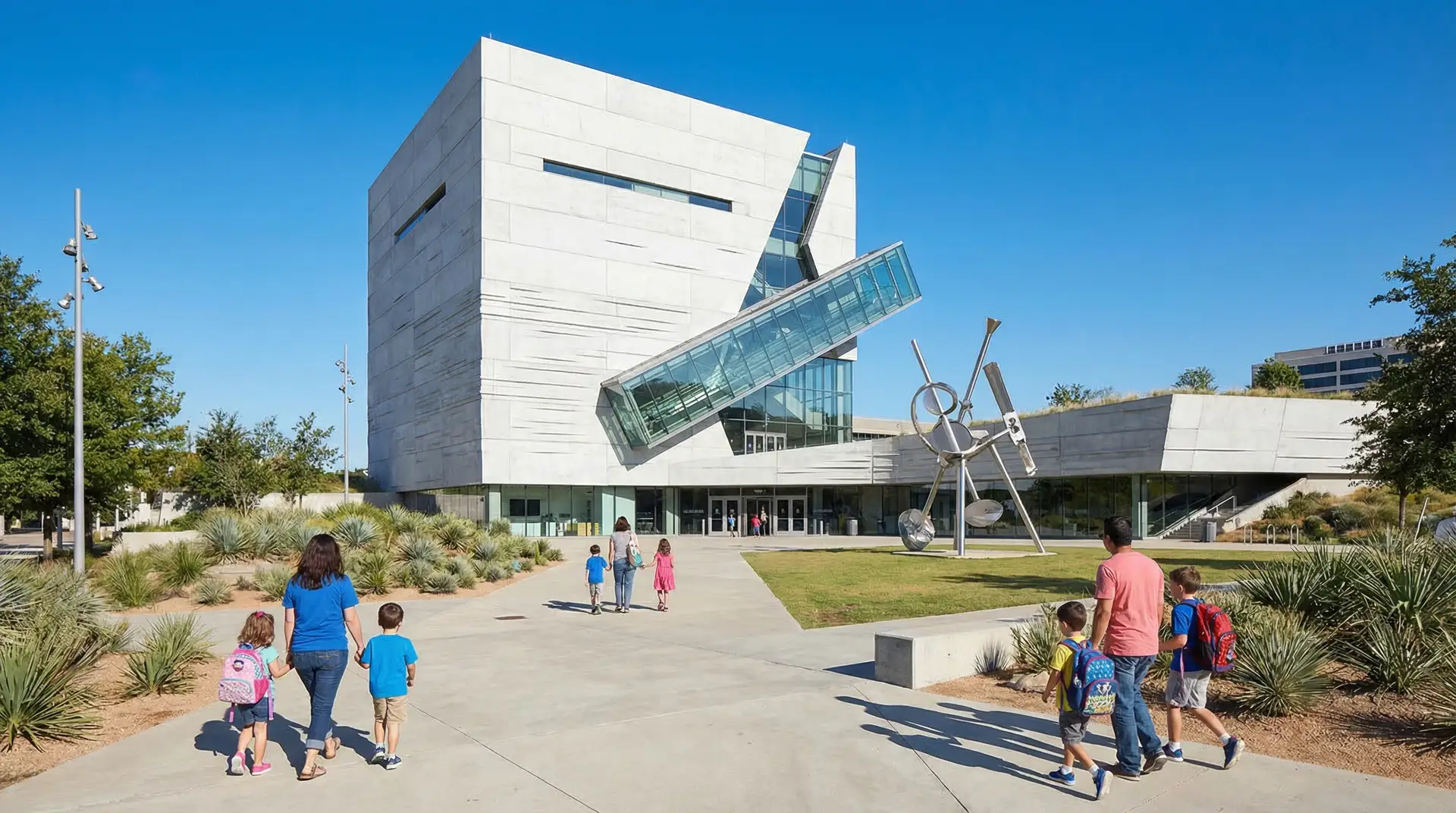 Perot Museum of Nature and Science Dallas with families approaching the striking modern architecture