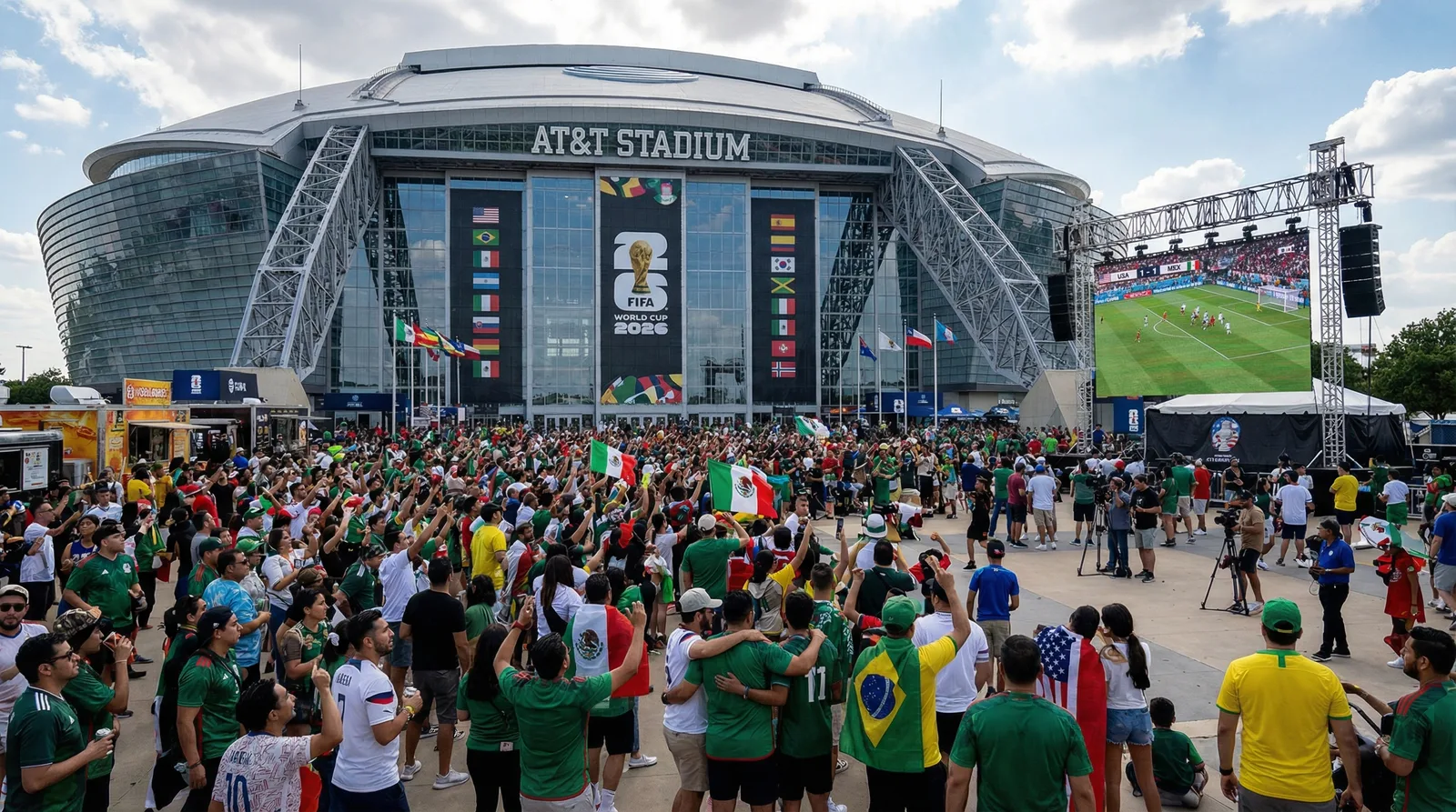 FIFA World Cup 2026 soccer match at Dallas Stadium with 90000 international fans waving flags