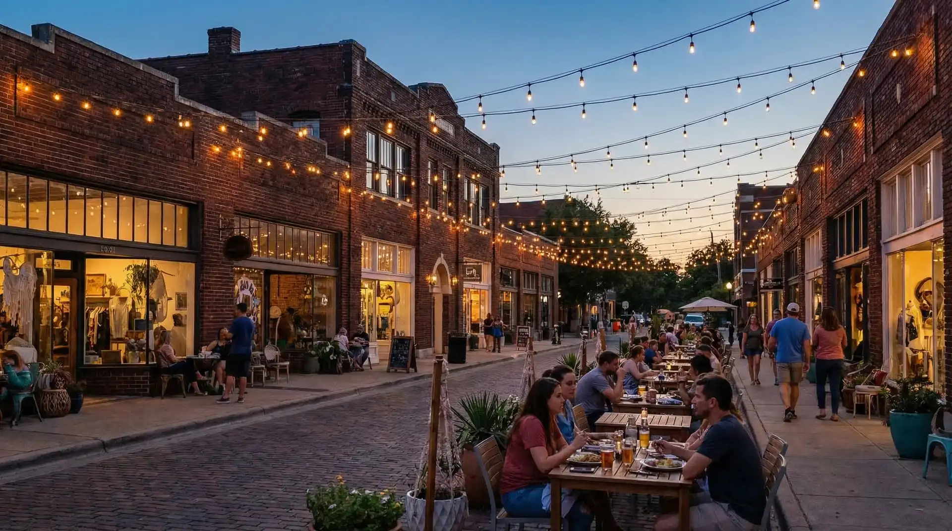 Bishop Arts District Dallas at dusk with string lights over brick buildings and outdoor dining