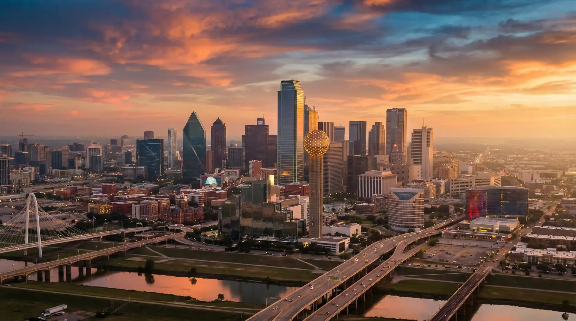 Dallas Texas skyline at golden hour sunset with Reunion Tower glowing, Margaret Hunt Hill Bridge, and Trinity River — city guide for newcomers and relocators