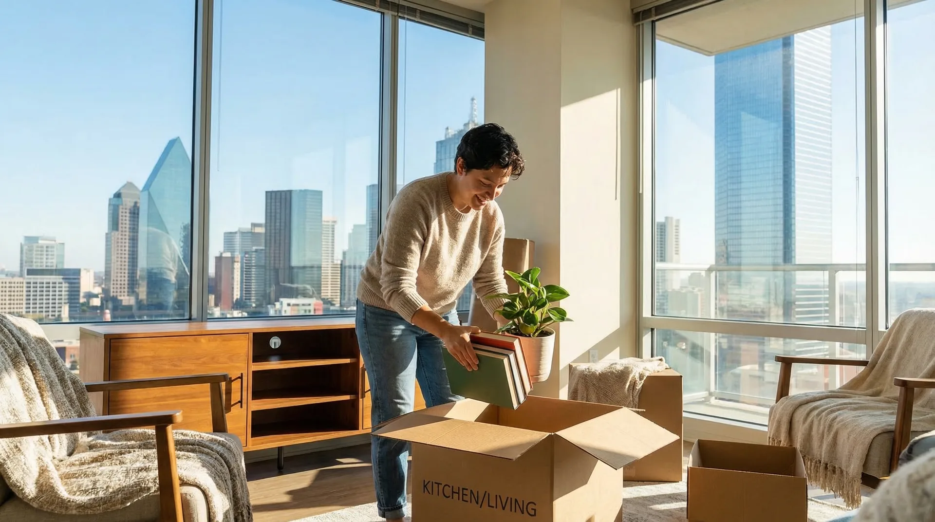 Person unpacking moving boxes in modern Dallas apartment with skyline view through large windows
