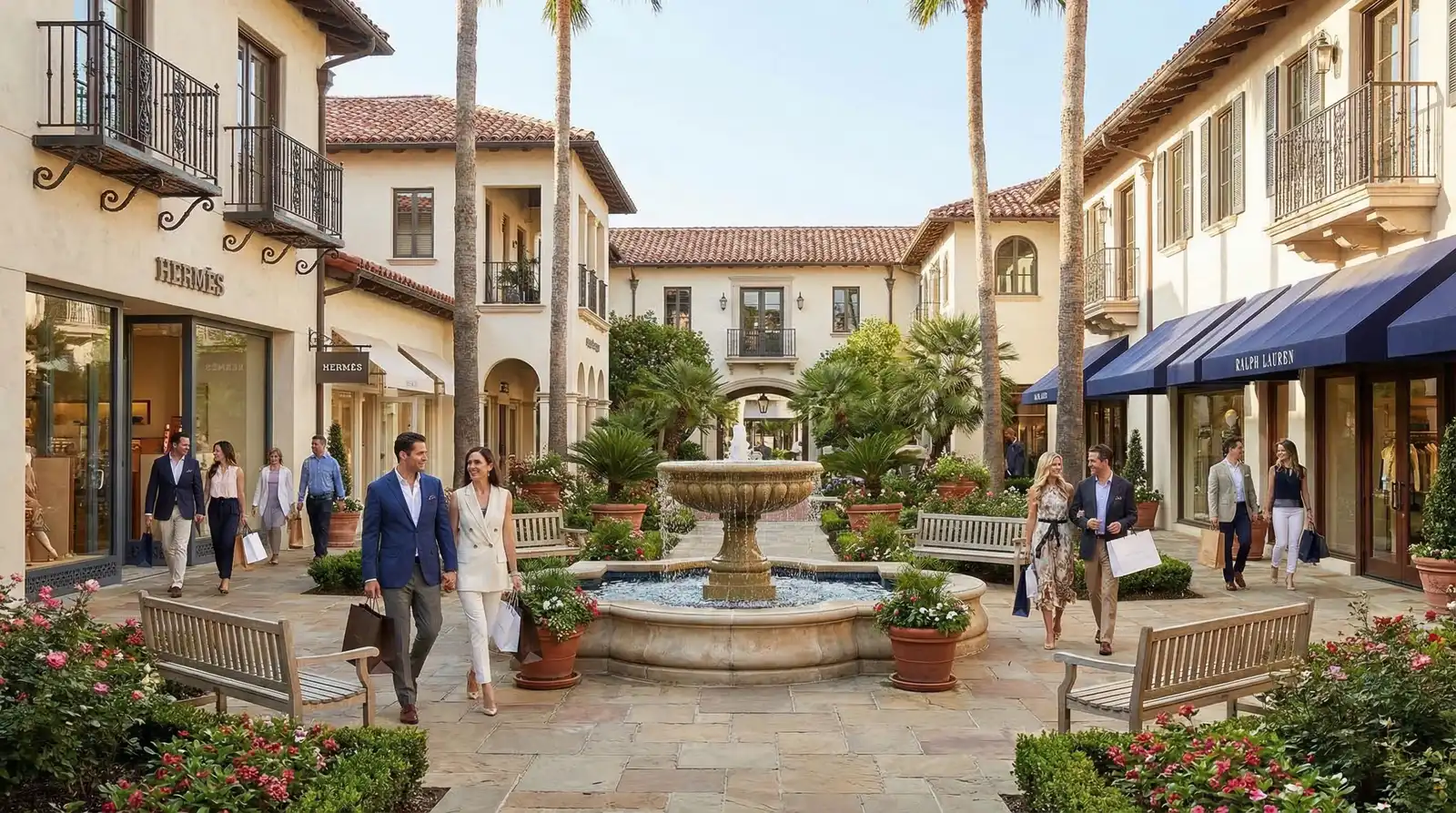 Highland Park Village Dallas luxury outdoor shopping center with Mediterranean architecture and fountain