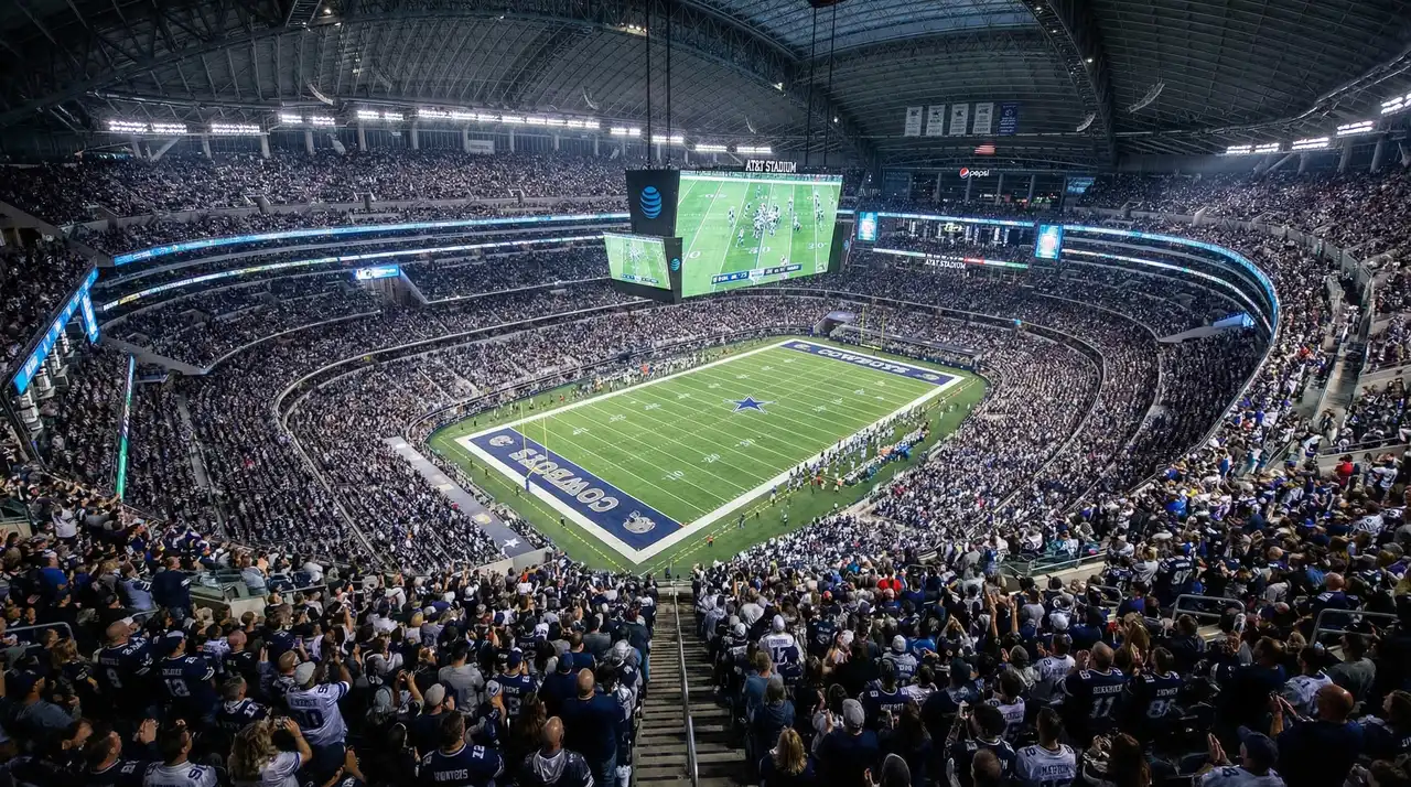 Dallas Cowboys NFL game at AT&T Stadium Arlington packed with fans on game night