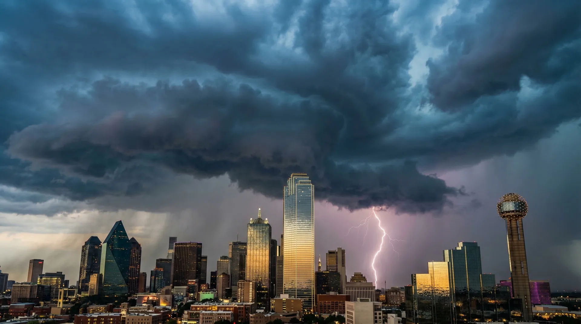 Dallas Texas dramatic thunderstorm with lightning striking over illuminated downtown skyline