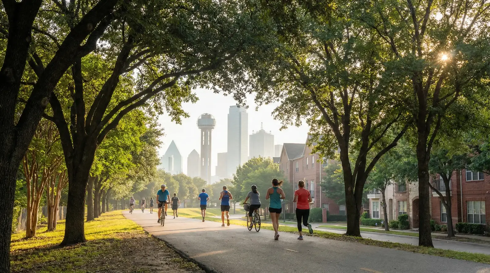 Katy Trail Dallas — joggers and cyclists on paved greenway through mature tree canopy with Dallas skyline including Reunion Tower visible in background