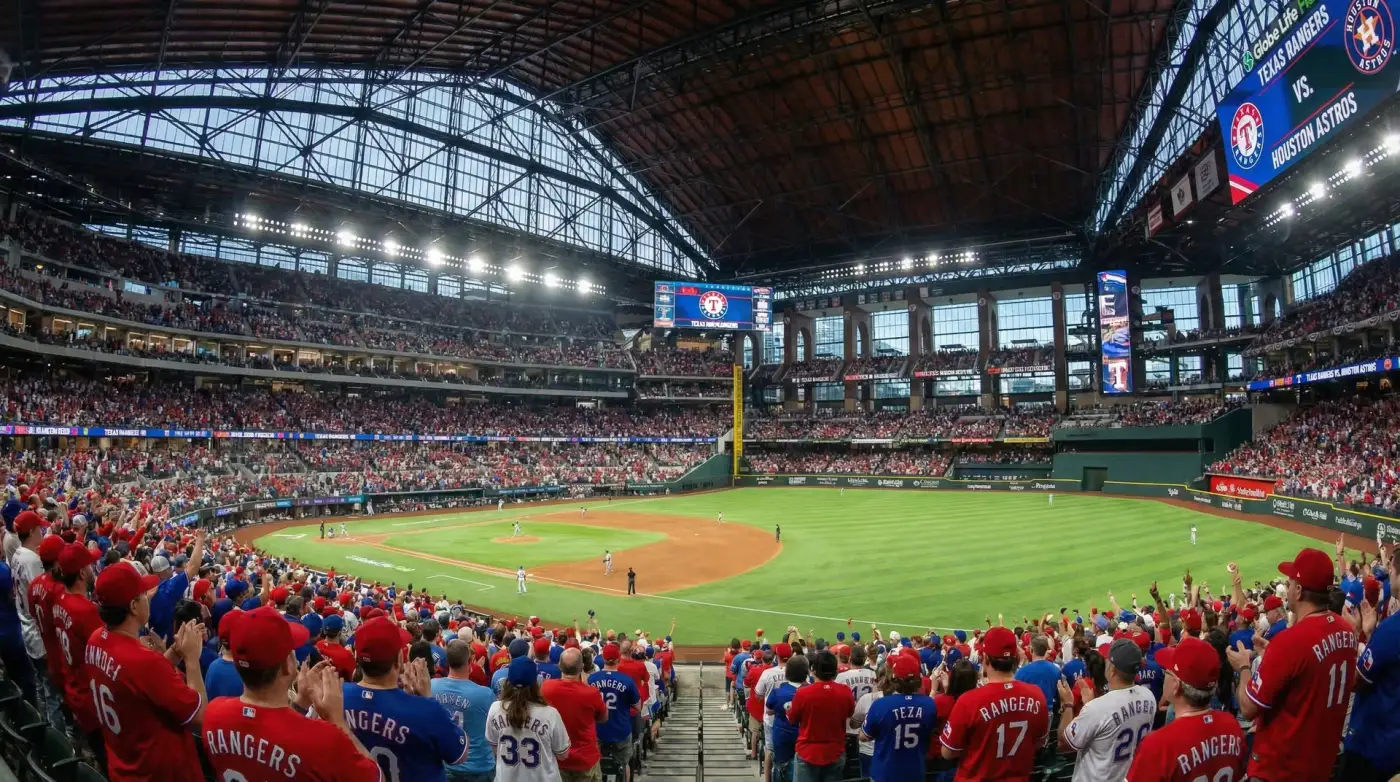 Globe Life Field Arlington Texas — packed Texas Rangers MLB baseball game under the retractable roof with fans in red gear cheering, vibrant green field and bright stadium lights