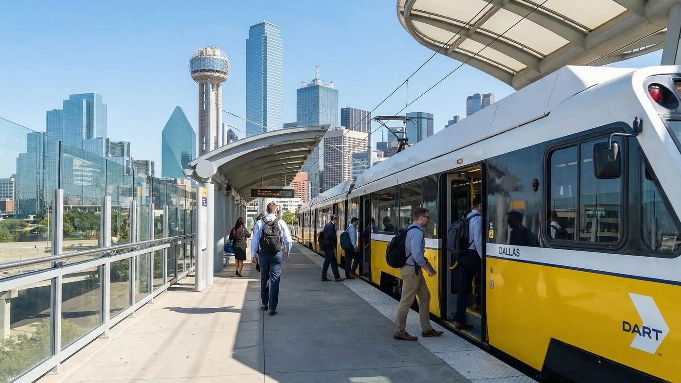 DART light rail train at a Dallas, Texas station with commuters boarding and the downtown skyline behind