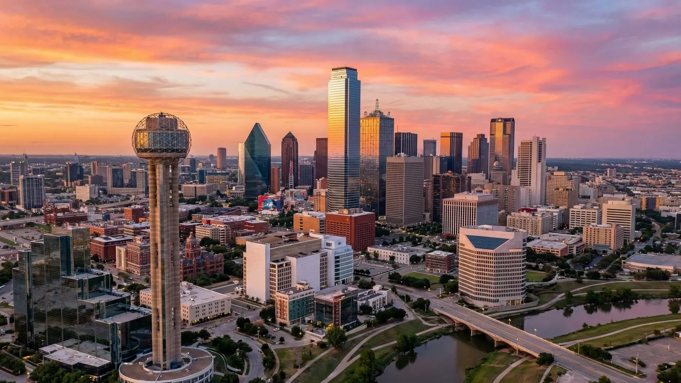 Aerial view of downtown Dallas, Texas skyline at golden hour with Reunion Tower and skyscrapers