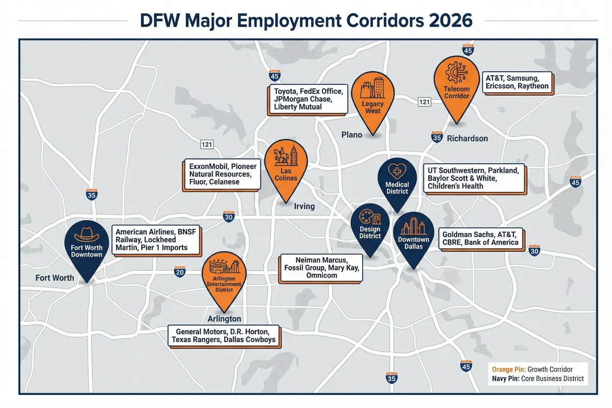 Map of Dallas-Fort Worth major employment corridors and corporate headquarters in 2026