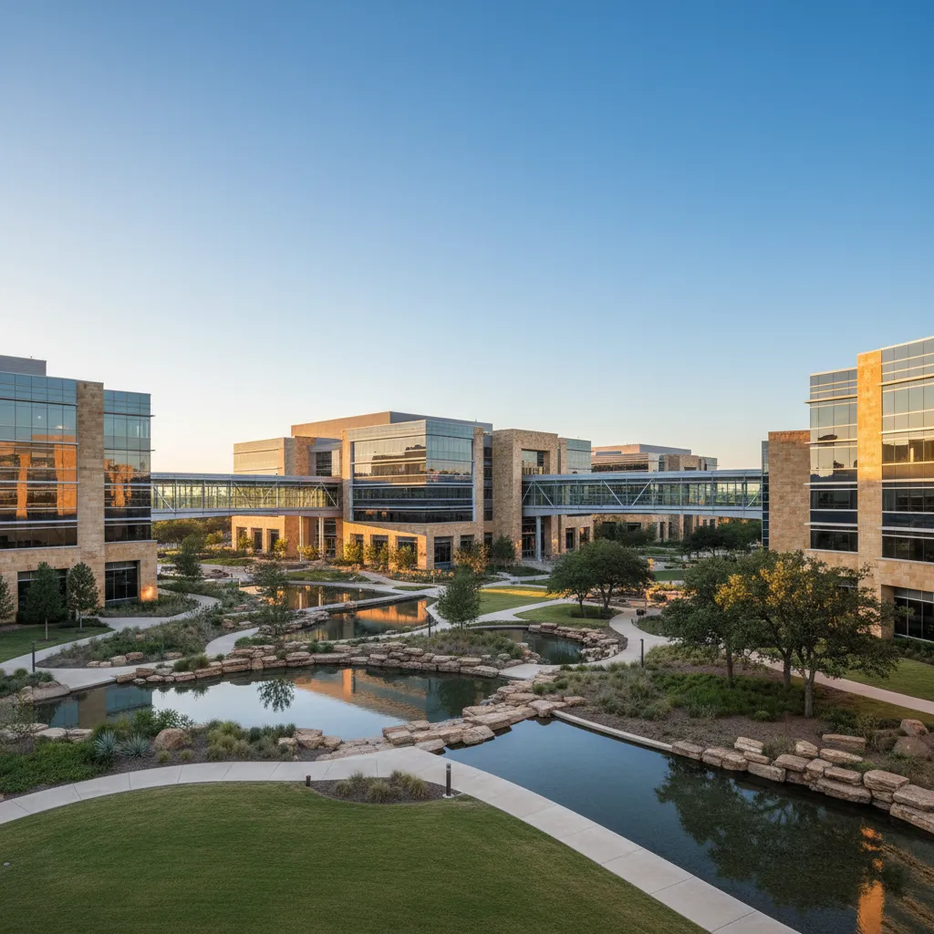 Texas Instruments in Dallas — Semiconductors corporate campus with modern office architecture