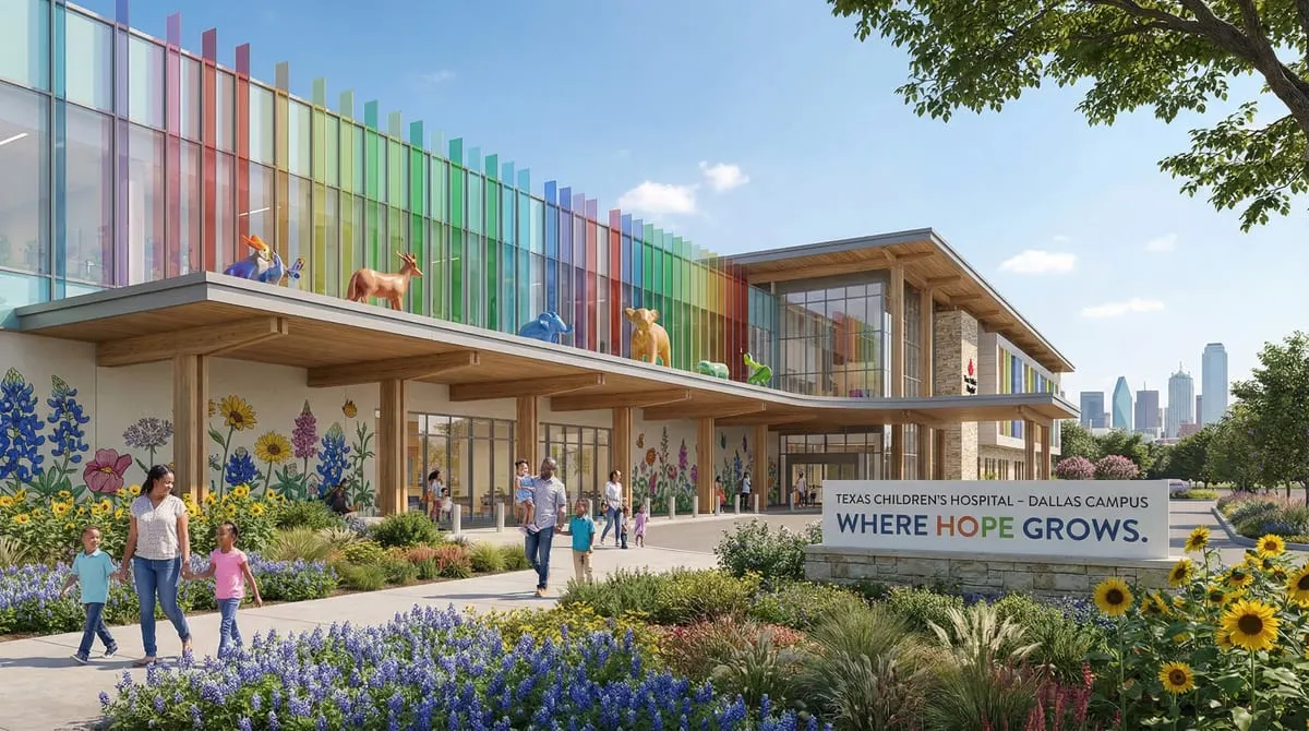 Children's Medical Center Dallas exterior with colorful pediatric-friendly design, landscaped grounds, and families near the entrance