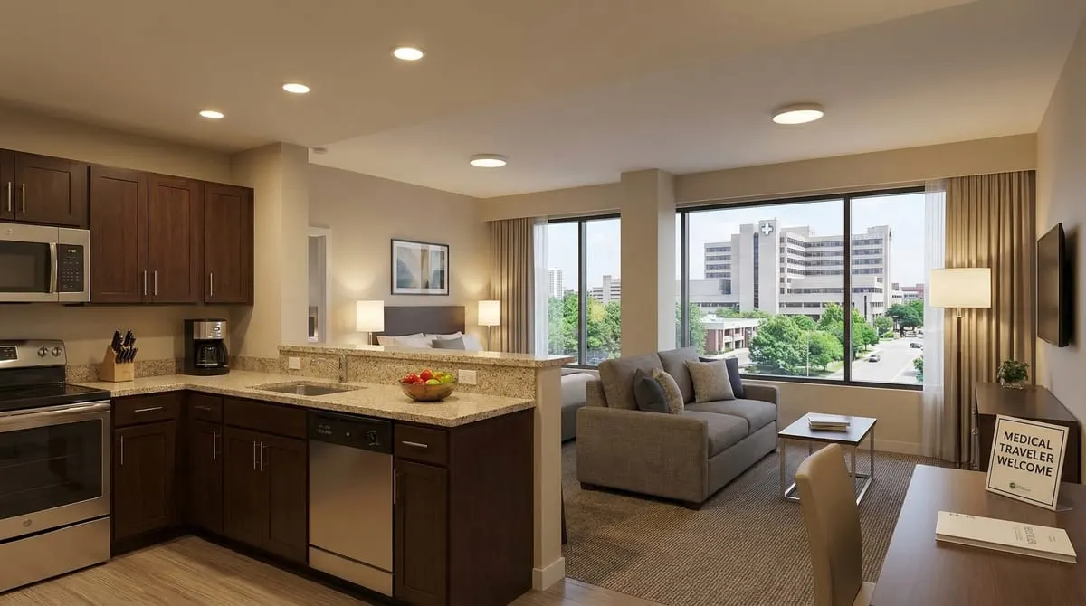 Extended stay suite near the Dallas Medical District with full kitchen and living area, ideal for Parkland burn patient families on long stays