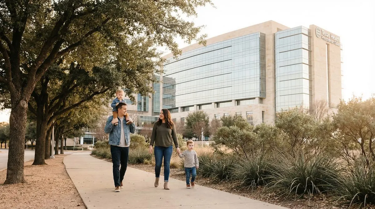 Family walking together near a Dallas hospital during golden hour, parents with children on a tree-lined sidewalk
